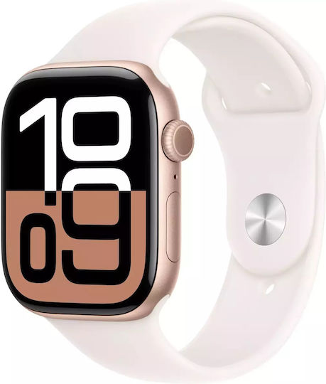 Apple Watch Series 10 Cellular Алуминиев 42мм Водоустойчив с eSIM и Пулсометър (Rose Gold с Light Blush Спортна Каишка - S/M)