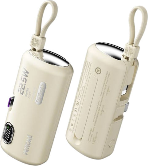 WK WP-19 Power Bank 5000mAh 22.5W με 2 Θύρες USB-C Μπεζ