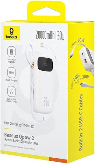 Baseus QPow 2 Power Bank 20000mAh 30W с USB-A порт и 2 USB-C порта Бял