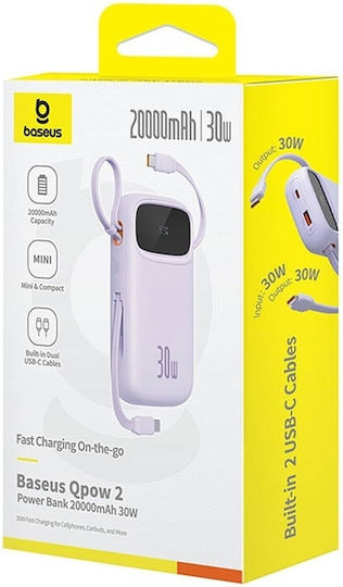 Baseus QPow 2 Power Bank 20000mAh 30W с USB-A порт и 2 USB-C порта Лилав