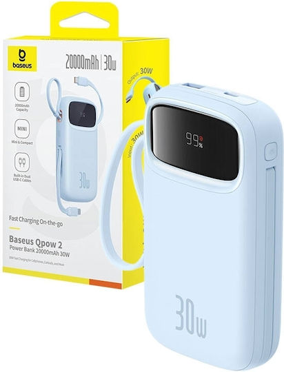 Baseus QPow2 Power Bank 20000mAh 30W με Θύρα USB-A και 2 Θύρες USB-C Μπλε