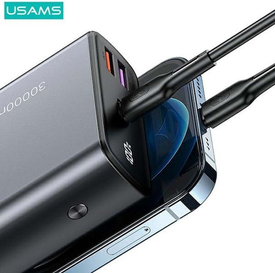 Usams PB68 Power Bank 30000mAh 65W με 2 Θύρες USB-A και Θύρα USB-C Quick Charge 3.0 Μαύρο