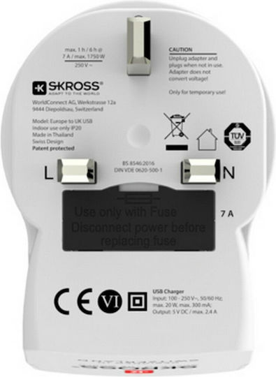 Skross Αντάπτορας Πρίζας σε Αγγλίας με 2 Θύρες USB