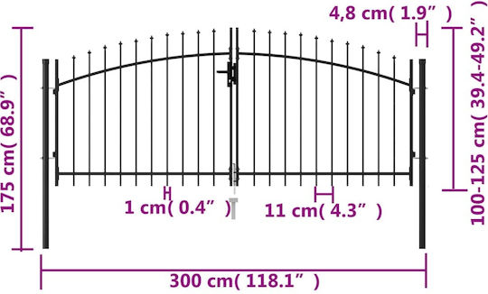 vidaXL Метална Врата за Ограда с копиями в Черен Цвят 1.25x3.0m
