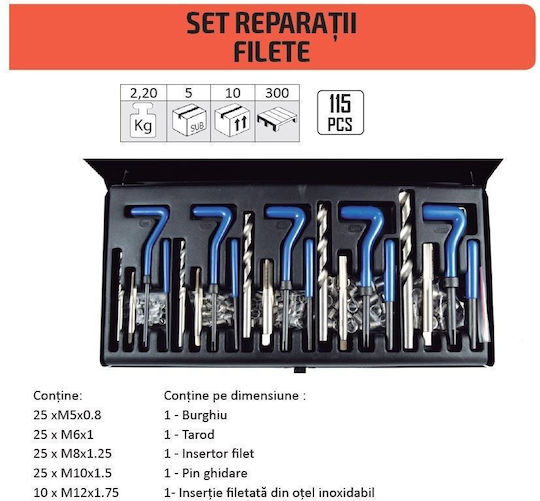 JBM 51896 Set de Reparație a Filetelor din Oțel 8x1.25 / 10x1.5mm 115buc