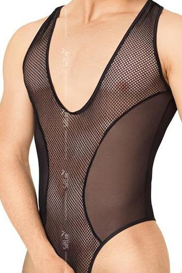 Softline Deep V Neck Mesh & Sheer Thong Bodysuit Black