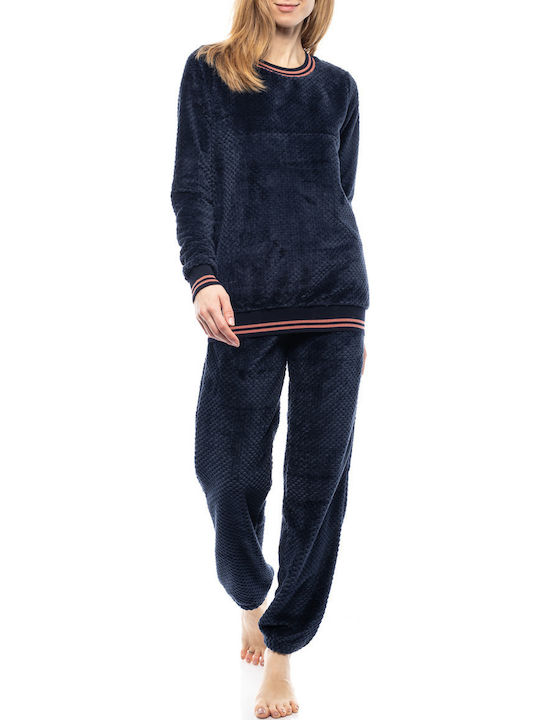 Pink Label Χειμερινό Γυναικείο Σετ Πιτζάμας Fleece Dark Blue