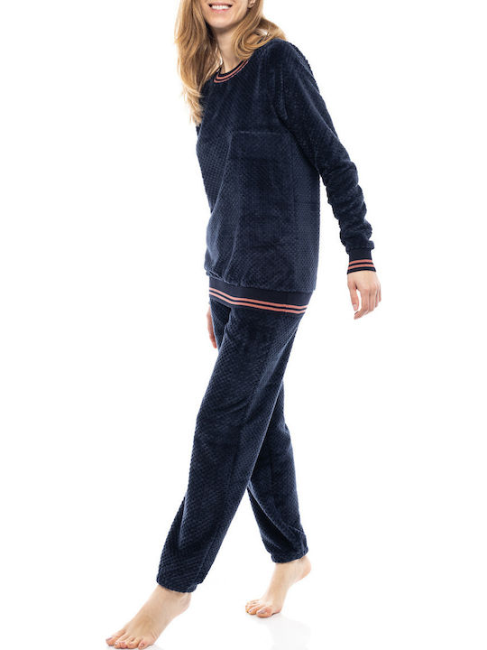 Pink Label Χειμερινό Γυναικείο Σετ Πιτζάμας Fleece Dark Blue