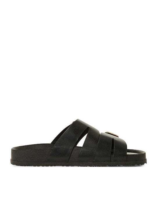 Leather Women's Flat Sandals in Black Color