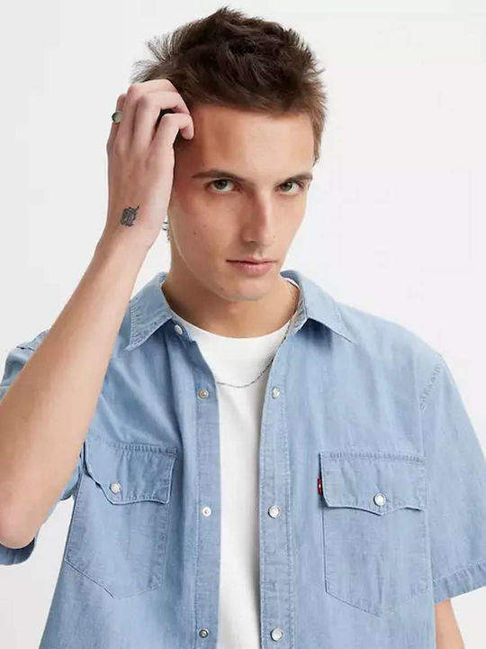 Western Short Sleeve Denim Shirt in Wide Line Blue