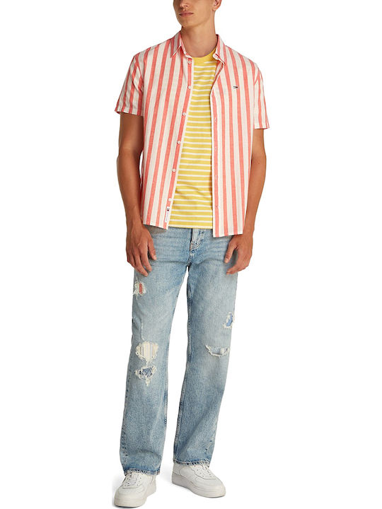 Short-sleeved Linen Shirt Red-White