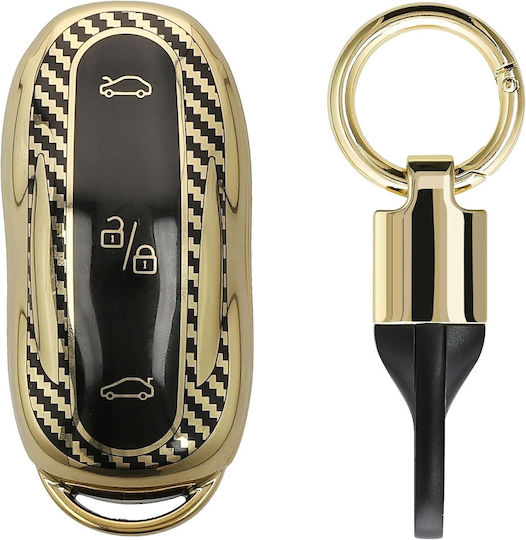 Tesla Car Key Cover Silicone Keychain Model S Y 3 Metallic Carbon Fiber Gold Black Kwm000025gr001c
