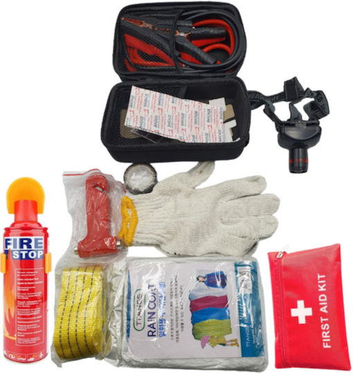Car Emergency Kit with First Aid Kit Fire Extinguisher Jump Cables Tow Rope Emergency Hammer & Gloves