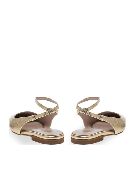 Δερμάτινες Γυναικείες Μπαλαρίνες Slingback με Λουράκι σε Χρυσό Χρώμα