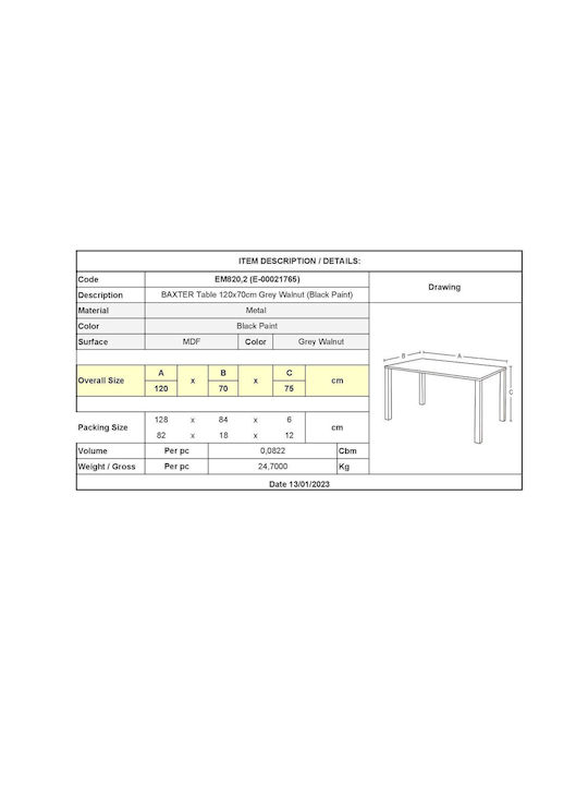 Baxter Table Dining Room Wooden with Metal Frame Grey Walnut 120x70x75cm
