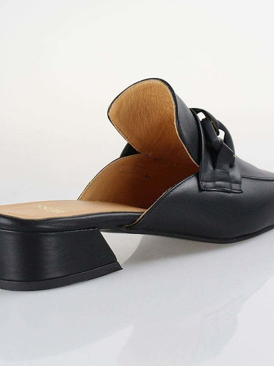 Leather Mules with Chunky Low Heel in Black Color