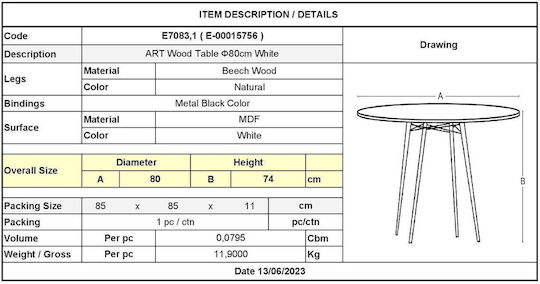 Art Round Kitchen Wooden White Table 80x80x74cm E7083,1