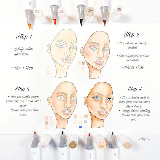 Ohuhu Kaala Skin Tone Μαρκαδόροι Ζωγραφικής 1.5mm με Διπλή Μύτη, Επαγγελματικοί Σετ 12 χρώματα