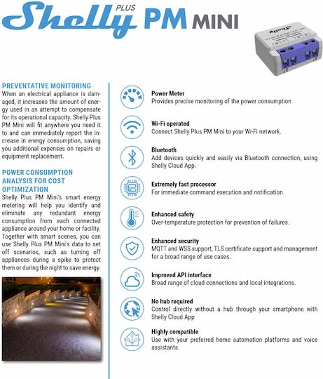 Shelly Plus Pm Mini Smart Switch 1 Καναλιού Wi-Fi, Bluetooth, ZigBee & RF 16A