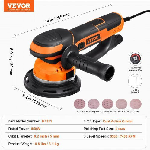 Vevor GDSGJBS6INCHPL1CBV2 Έκκεντρο Τριβείο 150mm Ρεύματος 850W με Ρύθμιση Ταχύτητας και με Σύστημα Αναρρόφησης
