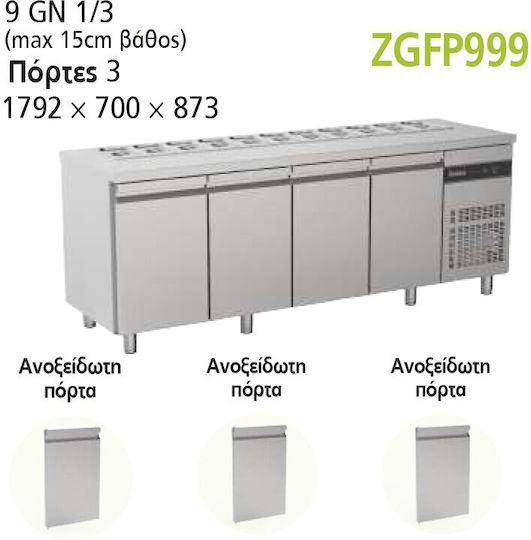 Inomak Edelstahl Kühltisch Salat mit 3 Türen und Kühlaggregat L179.2xB70xH87cm