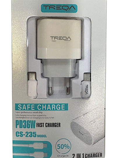 Treqa Ladegerät mit USB-C Anschluss und Kabel USB-C - USB-C 36W Schnellaufladung 3.0 Weißs (CS-235)
