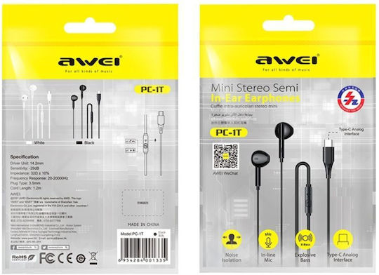 Awei PC-1T Безжични Стерео с жак USB-C Черен