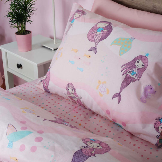 White Fabric Kids Sheets Set Single Mermaid Pink 165x270cm