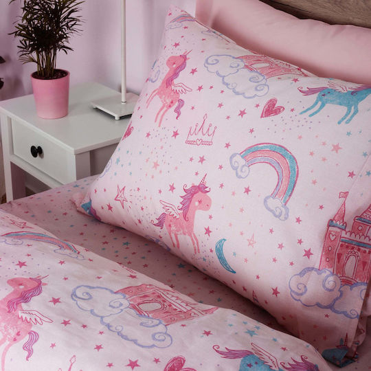 White Fabric Kids Sheets Single Unicorn Pink 165x270cm