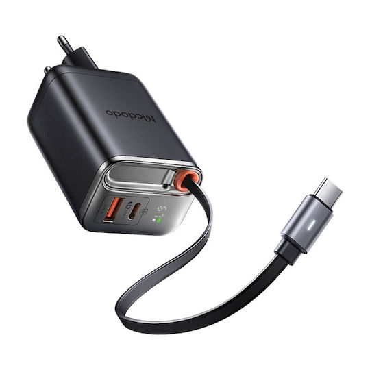 Mcdodo Charger with Built-in Cable GaN with USB-A Port and USB-C Port USB-C 67W Blacks (CH-4100)