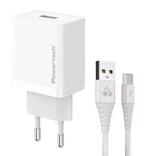 Powertech Φορτιστής με Θύρα USB-A και Καλώδιο USB-C 12W Λευκός (PT-1322)