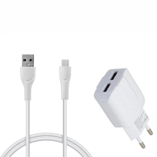 Technovo Ladegerät mit 2 USB-A Anschlüsse und Kabel USB-C Weißs (TN-F025)