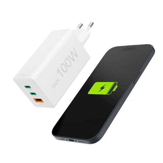 HAMA Зарядно без кабел GaN с USB-A порт и 2 USB-C порта 100W Power Delivery Бял (201997)