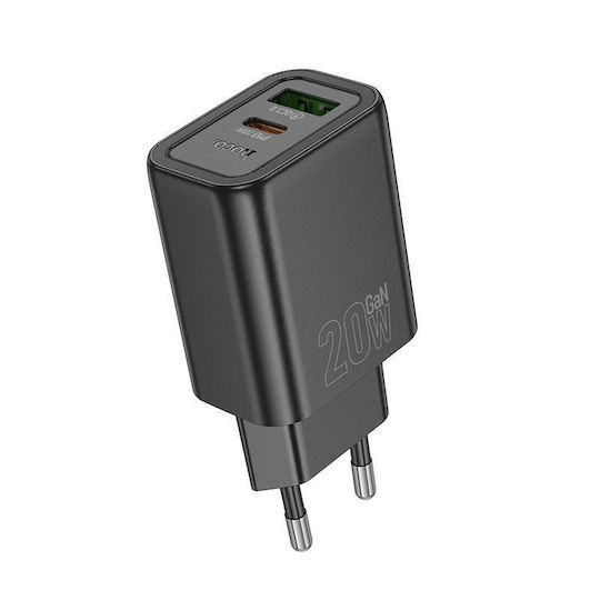 Hoco Зарядно без кабел с USB-A порт и USB-C порт 20W Power Delivery / Quick Charge 3.0 Черен (N61)