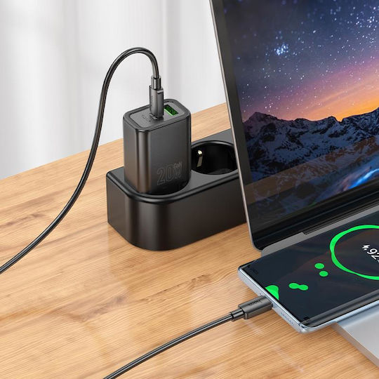 Hoco Зарядно без кабел с USB-A порт и USB-C порт 20W Power Delivery / Quick Charge 3.0 Черен (N61)