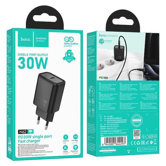 Hoco Charger Without Cable with USB-C Port 30W Power Delivery / Quick Charge 3.0 Blacks (N62)