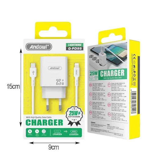 Andowl Φορτιστής με Θύρα USB-A και Θύρα USB-C και Καλώδιο USB-C - Lightning 25W Λευκός (Q-PD99)