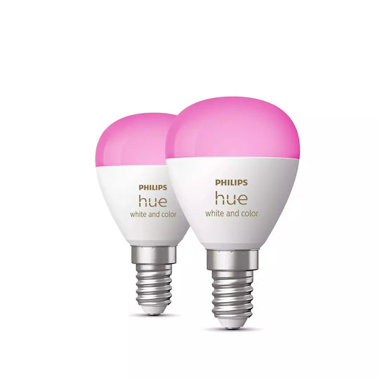 Philips Becuri Smart LED 5.1W pentru Dulie E14 și Formă P45 RGBW 470lm Reglabil în intensitate 2buc