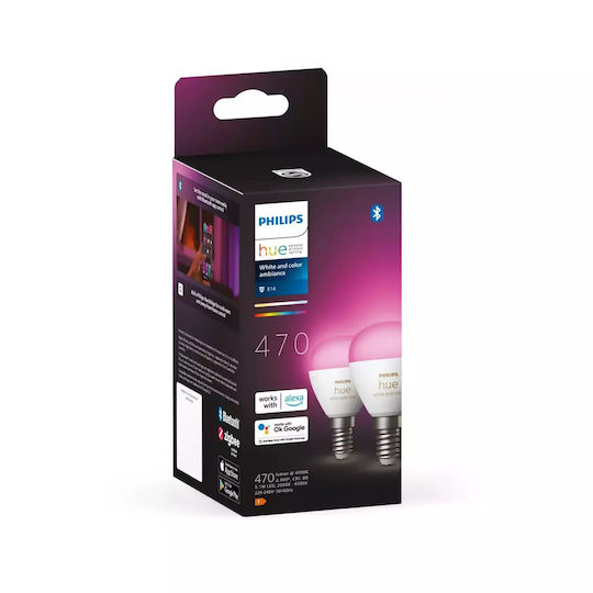 Philips Becuri Smart LED 5.1W pentru Dulie E14 și Formă P45 RGBW 470lm Reglabil în intensitate 2buc