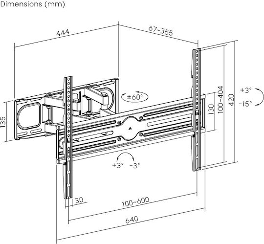 Powertech PT-1389 Βάση Τηλεόρασης Τοίχου με Βραχίονα έως 80" και 40kg Ασημί