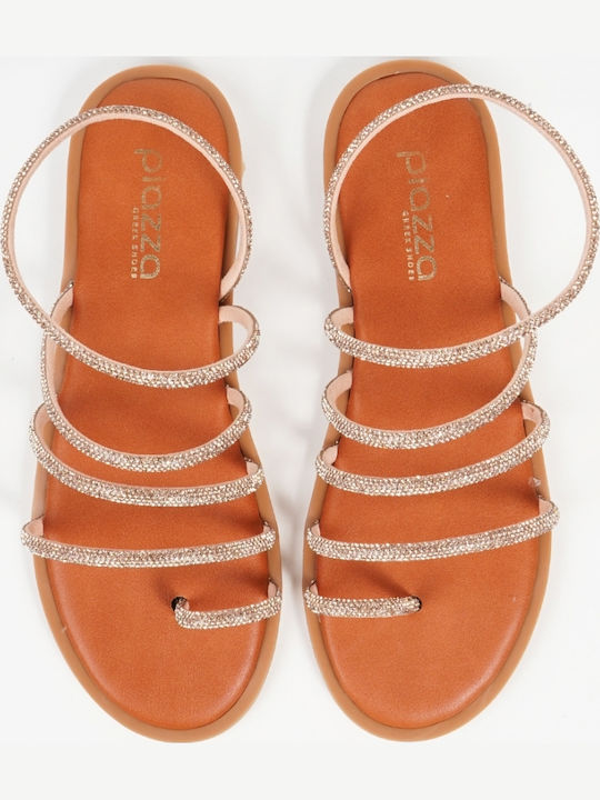 Leather Women's Flat Sandals in Gold Color