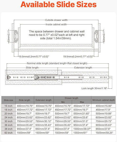 Vevor 1 Pair 16-60 In Soft-close Drawer Slides Ball Bearing Full Extension