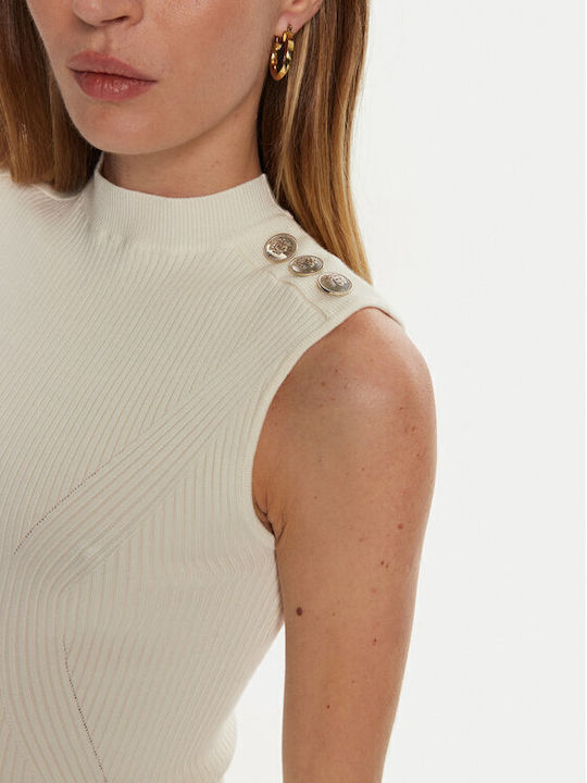 Damen Ärmellos Pullover Rollkragen Ecru