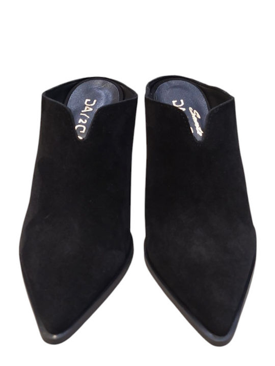 Leather Mules with Chunky High Heel in Black Color