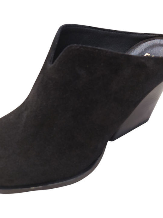 Leather Mules with Chunky High Heel in Black Color