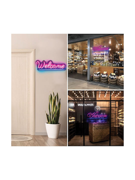Lampă Neon Led Model Welcome Culoare Roz Albastru Dimensiune 41x16 Cm Alimentată prin Usb