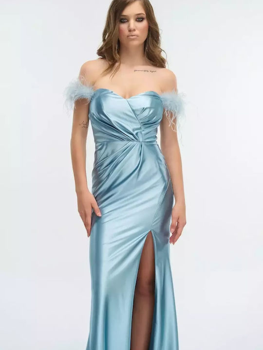 Maxi Dress for Wedding - Christening Satin Off-Shoulder Light Blue