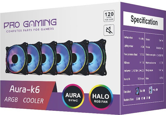 ProGaming 103486 Ventilator Pentru Carcasă 120mm (1650rpm / 58cfm) cu Iluminare ARGB și Conexiune 4-Pin PWM 6 Bucăți