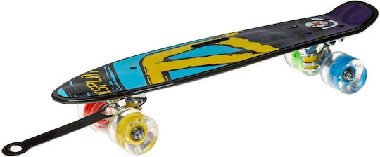 Skate Pennyboard cu mâner și leduri, aluminiu albastru și galben, 56x14cm