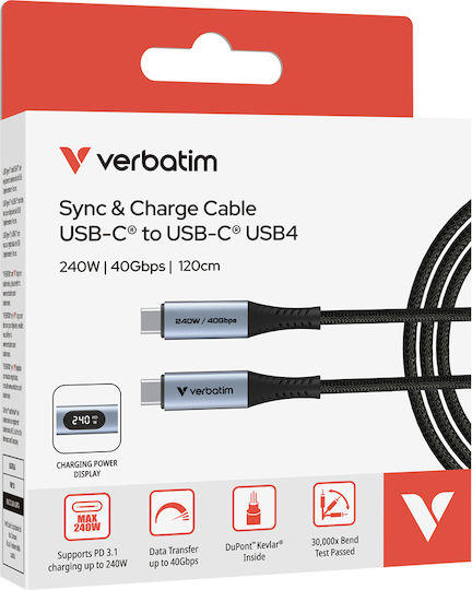 Verbatim Braided / LED USB 4 Video Cable USB-C Male - USB-C 240W PD Black 1.2m 31849